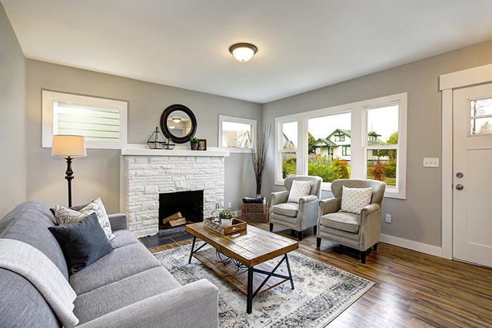 Small living room layout with fireplace.