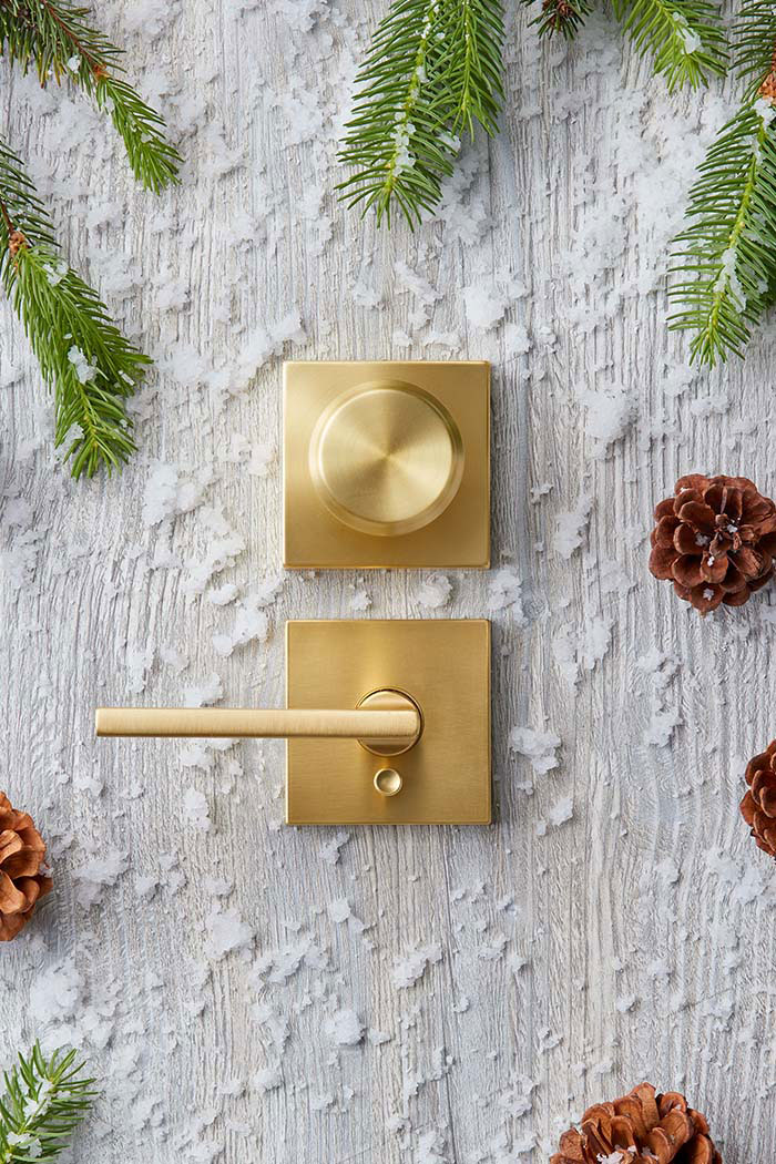 Schlage satin brass door locks with snow, pinecones and greenery.