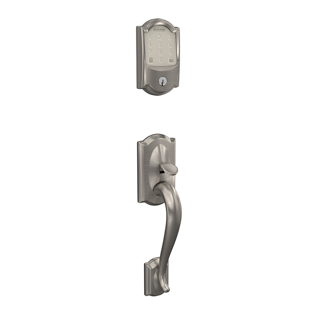 Schlage Encode™ Smart WiFi Deadbolt with Camelot Trim and Camelot front entry handle in Satin Nickel ;
