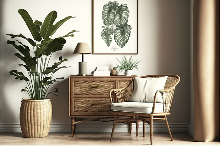 Home decor with natural materials featuring a rattan chair, cane console, wicker basket with green plant and stone lamp.