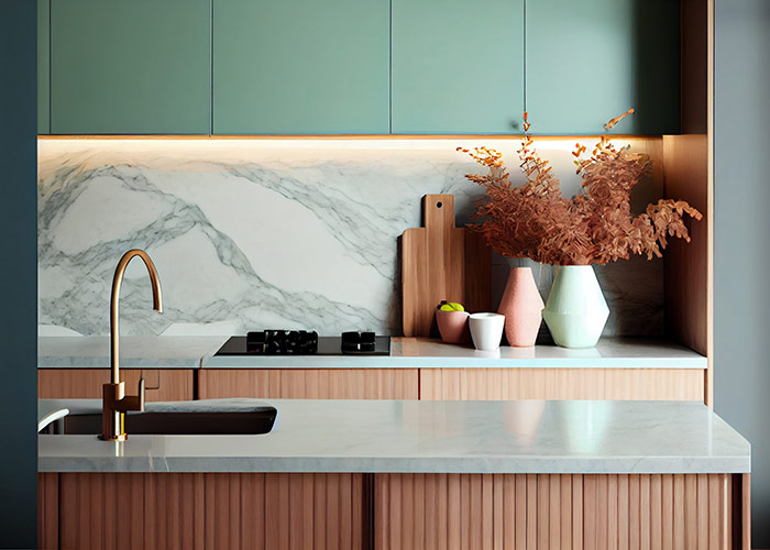 Kitchen with stone vases and stone backsplash.