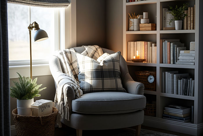 Cozy reading nook corner with bookshelf and chair.