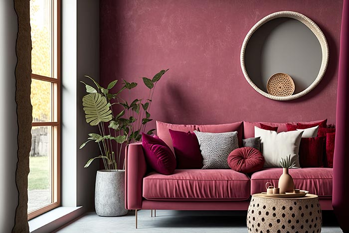 Bold living room with Viva Magenta color of the year.