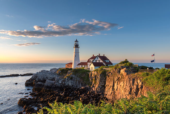 Portland Head Lighthouse, New England Maine coastal landscape.