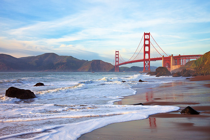 Pacific Coast landscape view of the Golden Gate Bridge.