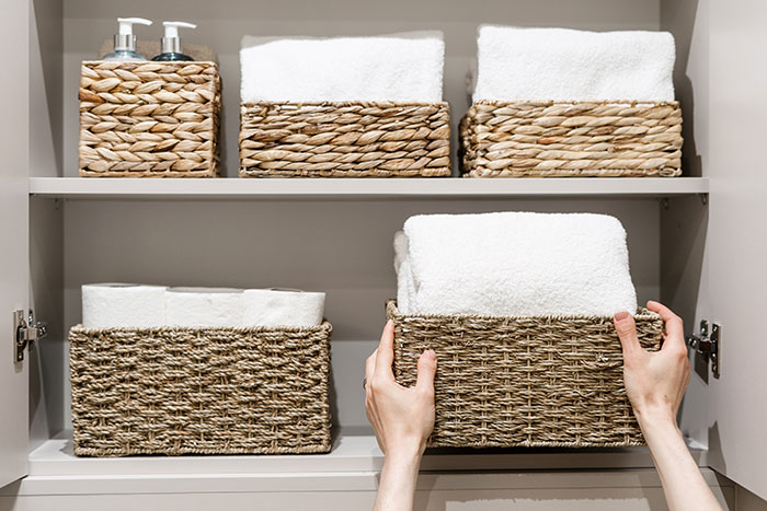 Woman using woven basekts to organize linen closet.