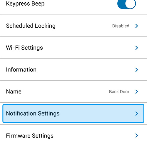 close up of notification settings in the Schlage Home App