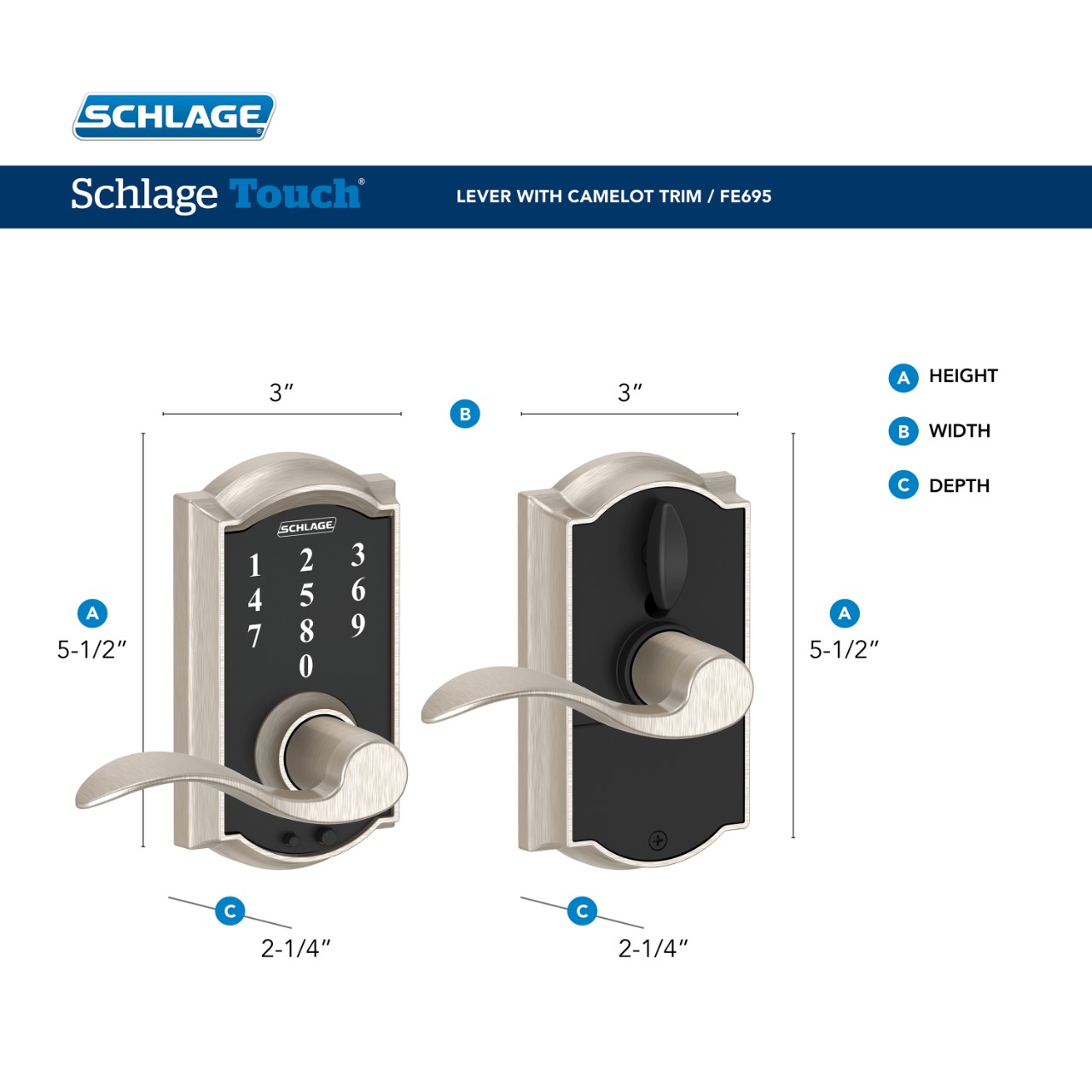 Schlage Touch Keyless Touchscreen Lever with Camelot trim and Accent Lever