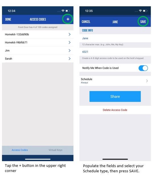 How do I create and manage access codes in the Schlage Home app?