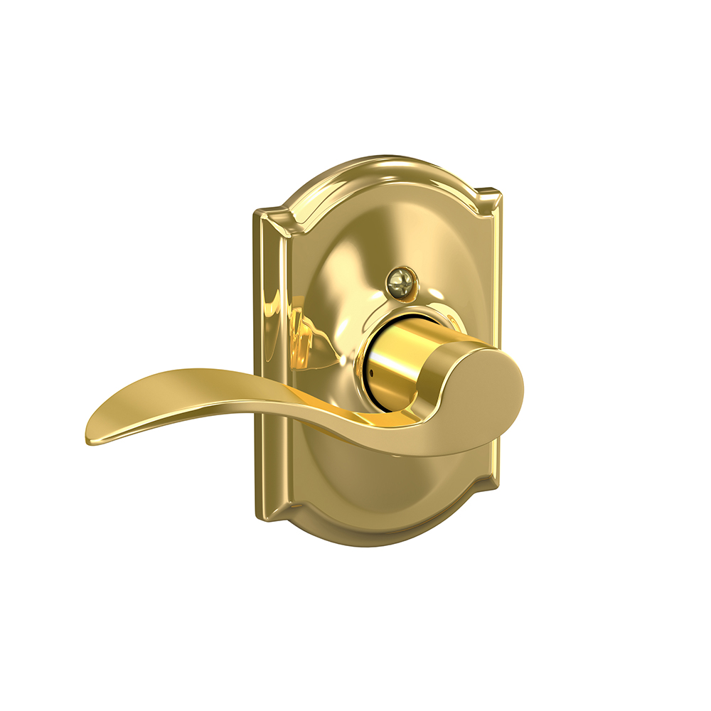 Schlage F60 V CAM 505 Acc 605 Camelot Single Cylinder Handleset and Accent Lever Bright Brass 