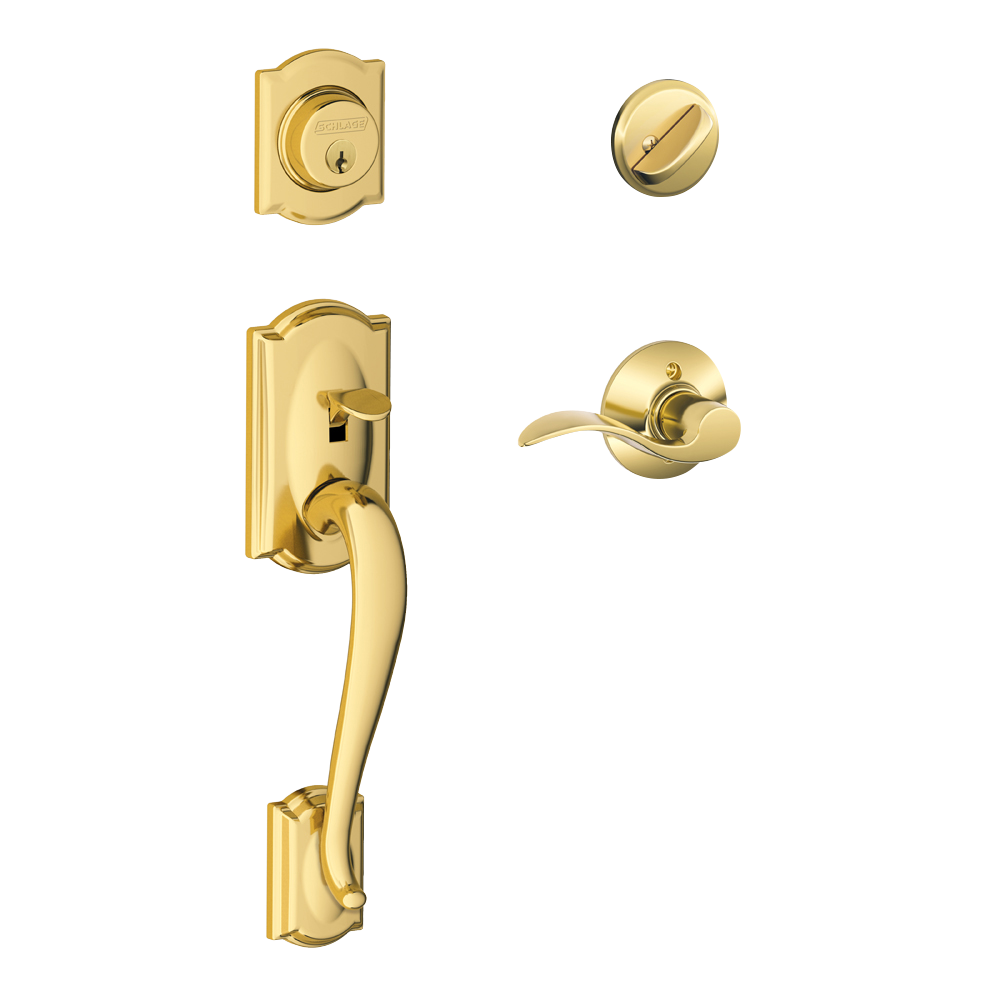Satin Brass Schlage F60 CAM 608 Acc LH One Side Keyed Left Hand Camelot Handleset and Accent Lever 
