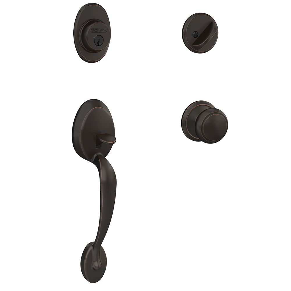 Schlage Custom™ Plymouth handleset with Andover knob in Aged Bronze;