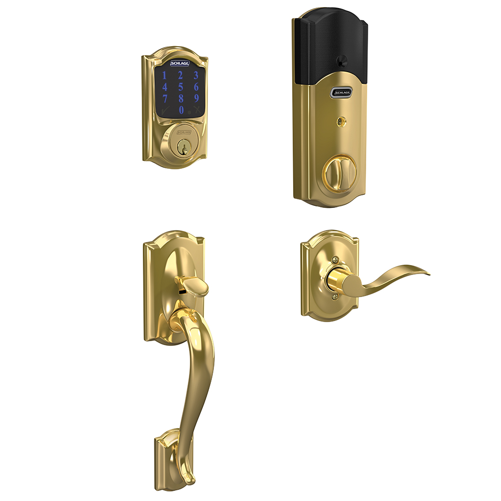Schlage Connect Smart Deadbolt with Camelot trim, Z-wave enabled paired with Camelot Handleset and Accent Lever with Camelot trim