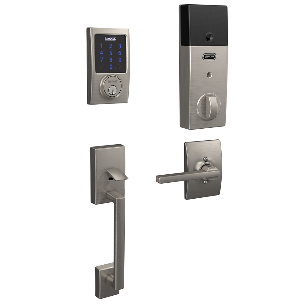 Schlage Connect Smart Deadbolt with Century trim, Z-wave enabled paired with Century Handleset and Latitude Lever with Century trim