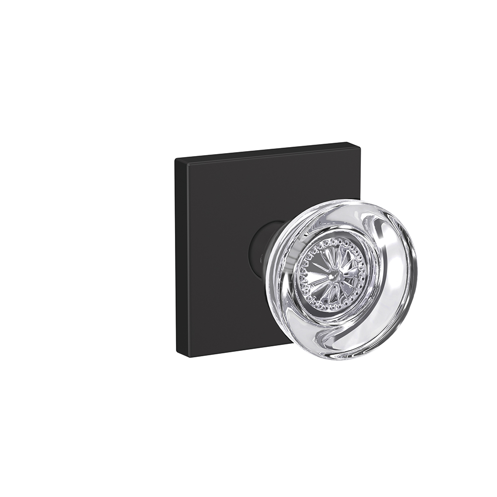 Schlage Custom Hobson glass knob with Collins trim in Matte Black;