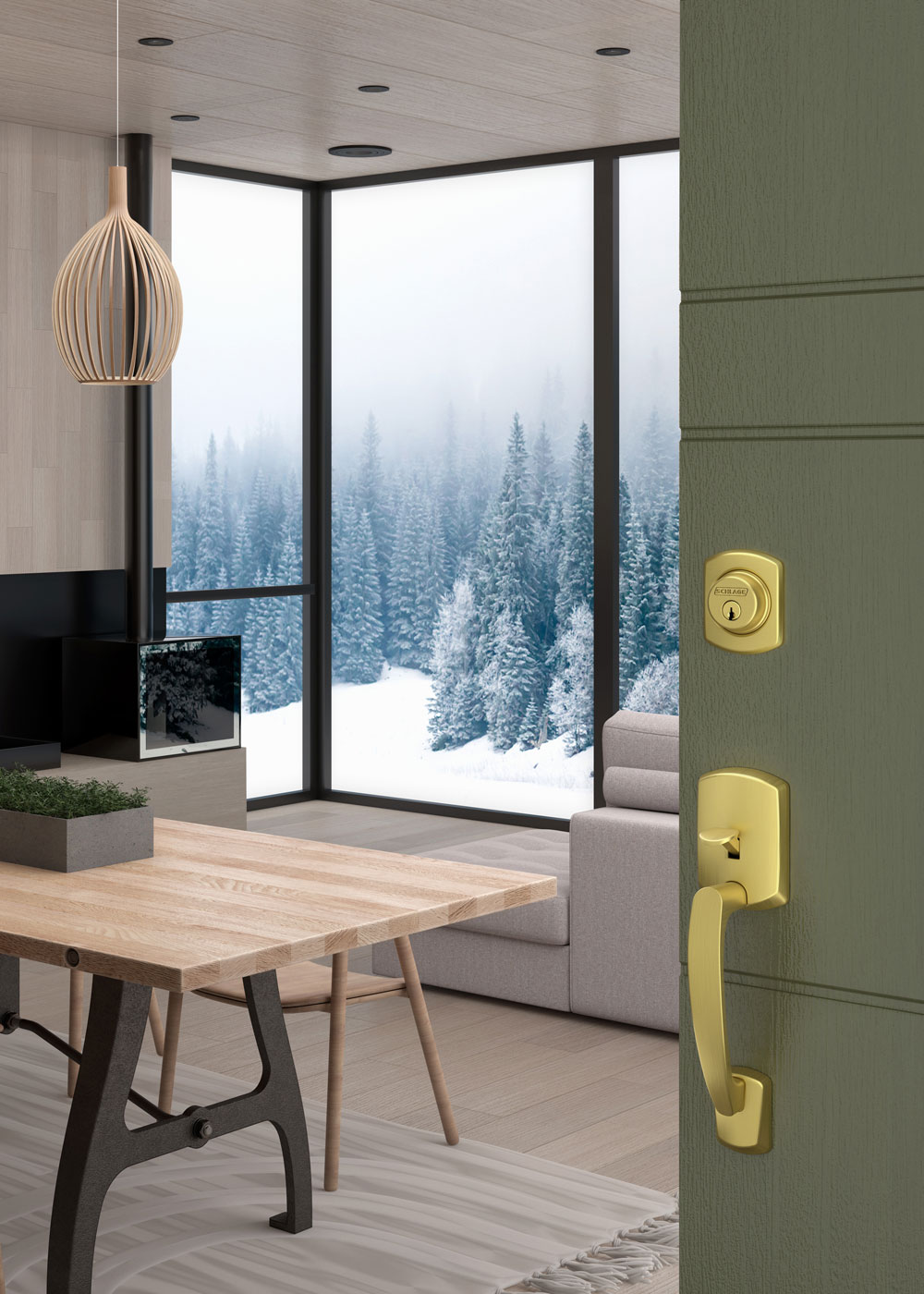 Clean modern kitchen with satin brass door handles