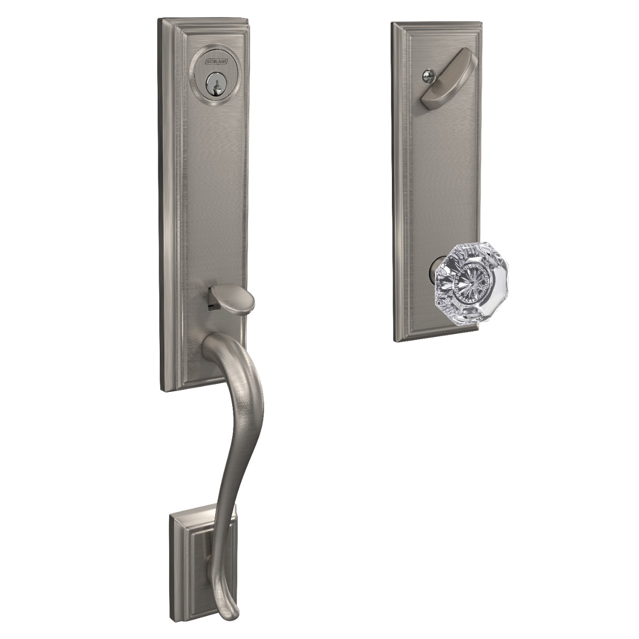Custom 3/4 Trim Single Cylinder Handleset and Alexandria Glass Knob with Addison Trim