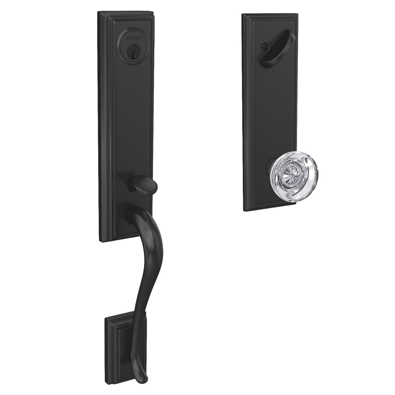 Custom 3/4 Trim Single Cylinder Handleset and Hobson Glass Knob with Addison Trim