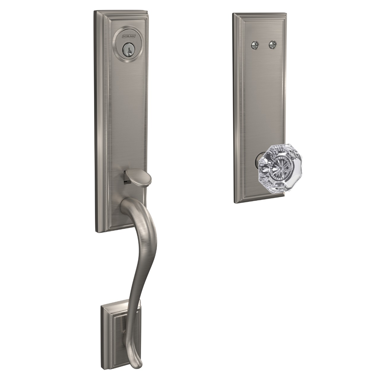 Custom 3/4 trim Inactive Handleset and Alexandria Glass Knob with Addison Trim