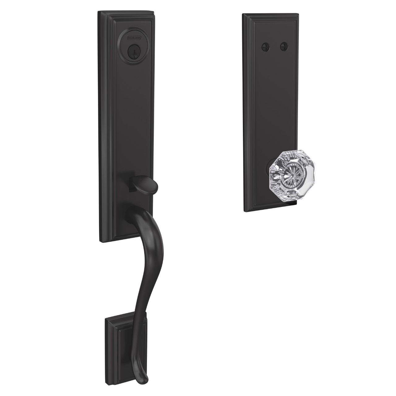 Custom 3/4 trim Inactive Handleset and Alexandria Glass Knob with Addison Trim