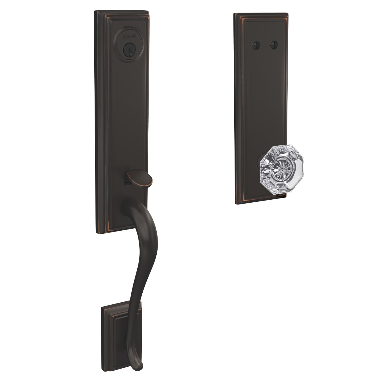Custom 3/4 trim Inactive Handleset and Alexandria Glass Knob with Addison Trim
