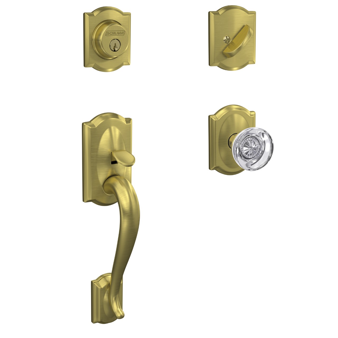 Custom Single Cylinder Handleset and Hobson Glass Knob with Camelot Trim