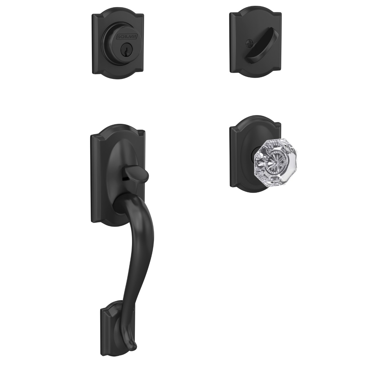 Custom Single Cylinder Handleset and Alexandria Glass Knob with Camelot Trim