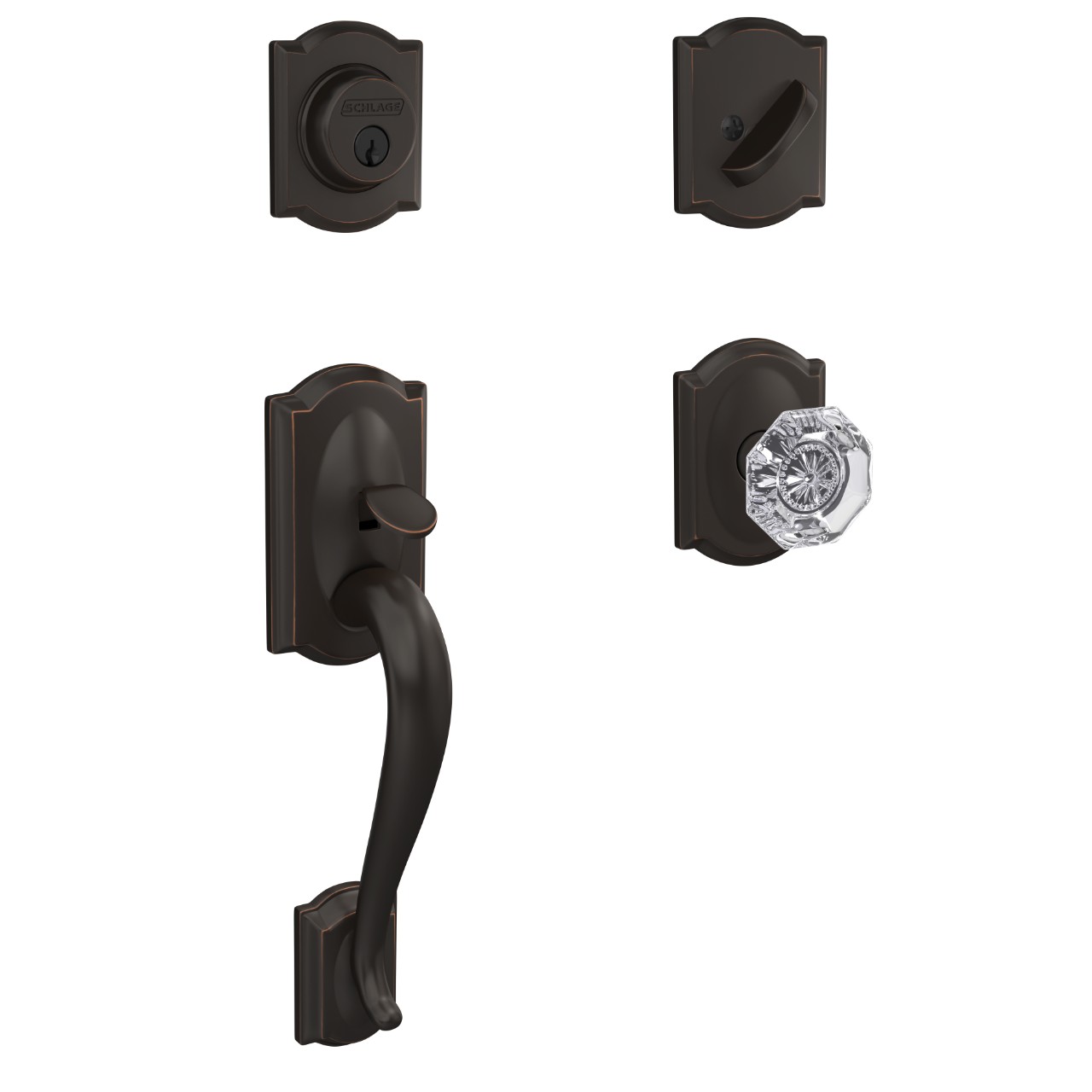 Custom Single Cylinder Handleset and Alexandria Glass Knob with Camelot Trim
