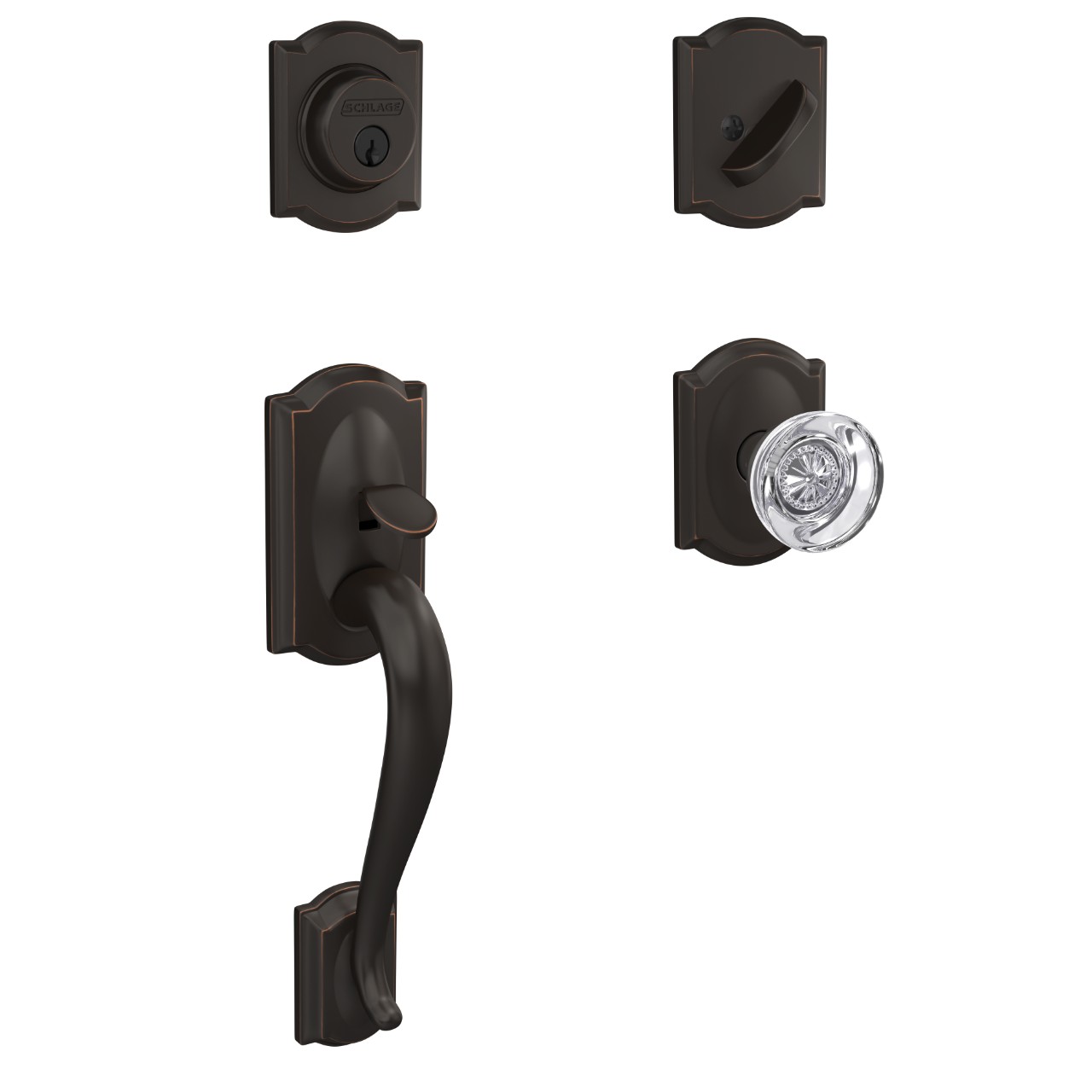 Custom Single Cylinder Handleset and Hobson Glass Knob with Camelot Trim