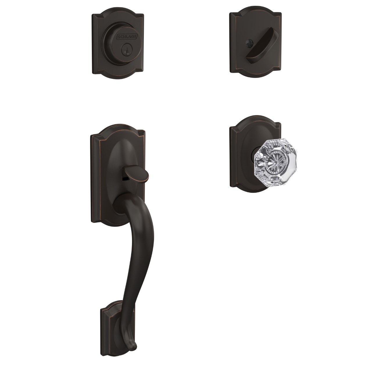 Custom Inactive Handleset and Alexandria Glass Knob with Camelot Trim