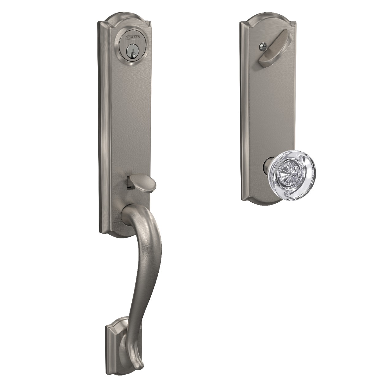 Custom 3/4 Trim Single Cylinder Handleset and Hobson Glass Knob with Camelot Trim