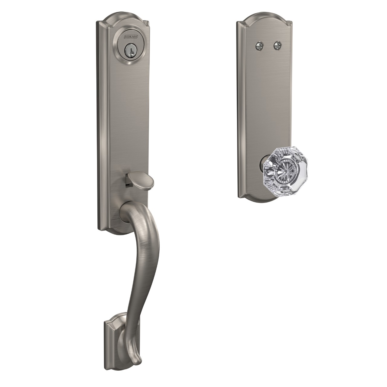 Custom 3/4 trim Inactive Handleset and Alexandria Glass Knob with Camelot Trim