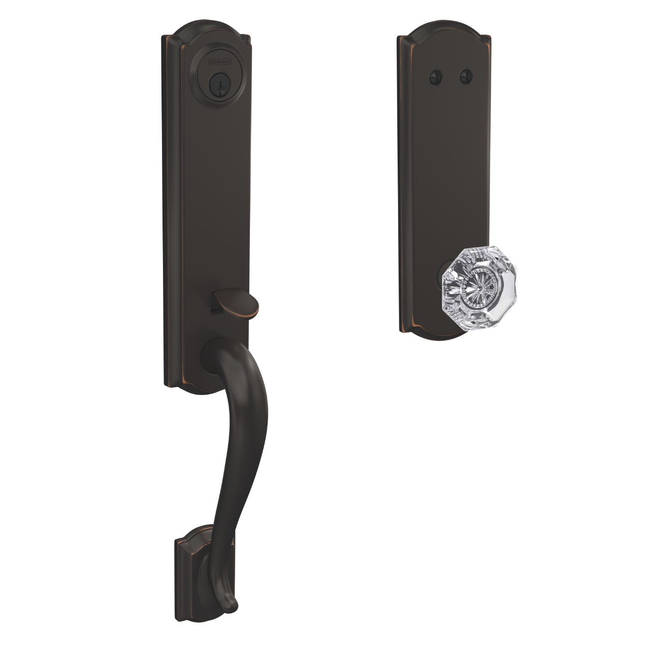 Custom 3/4 trim Inactive Handleset and Alexandria Glass Knob with Camelot Trim