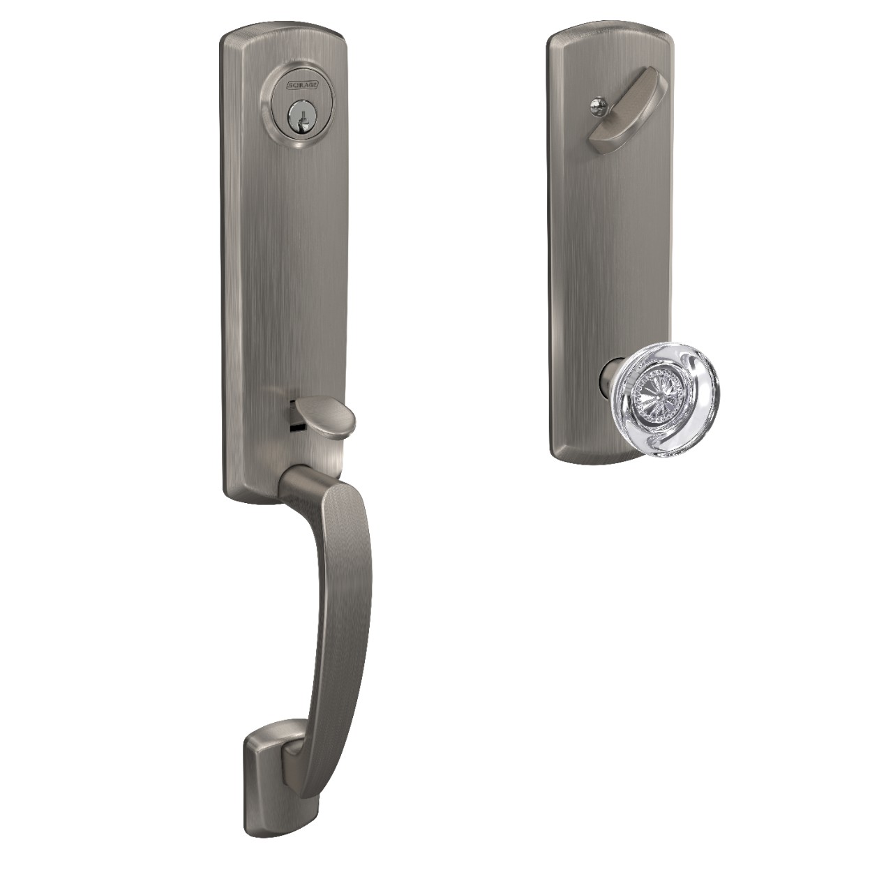 Custom 3/4 Trim Single Cylinder Handleset and Hobson Glass Knob with Greenwich Trim