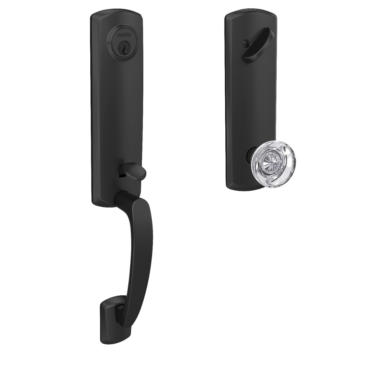 Custom 3/4 Trim Single Cylinder Handleset and Hobson Glass Knob with Greenwich Trim