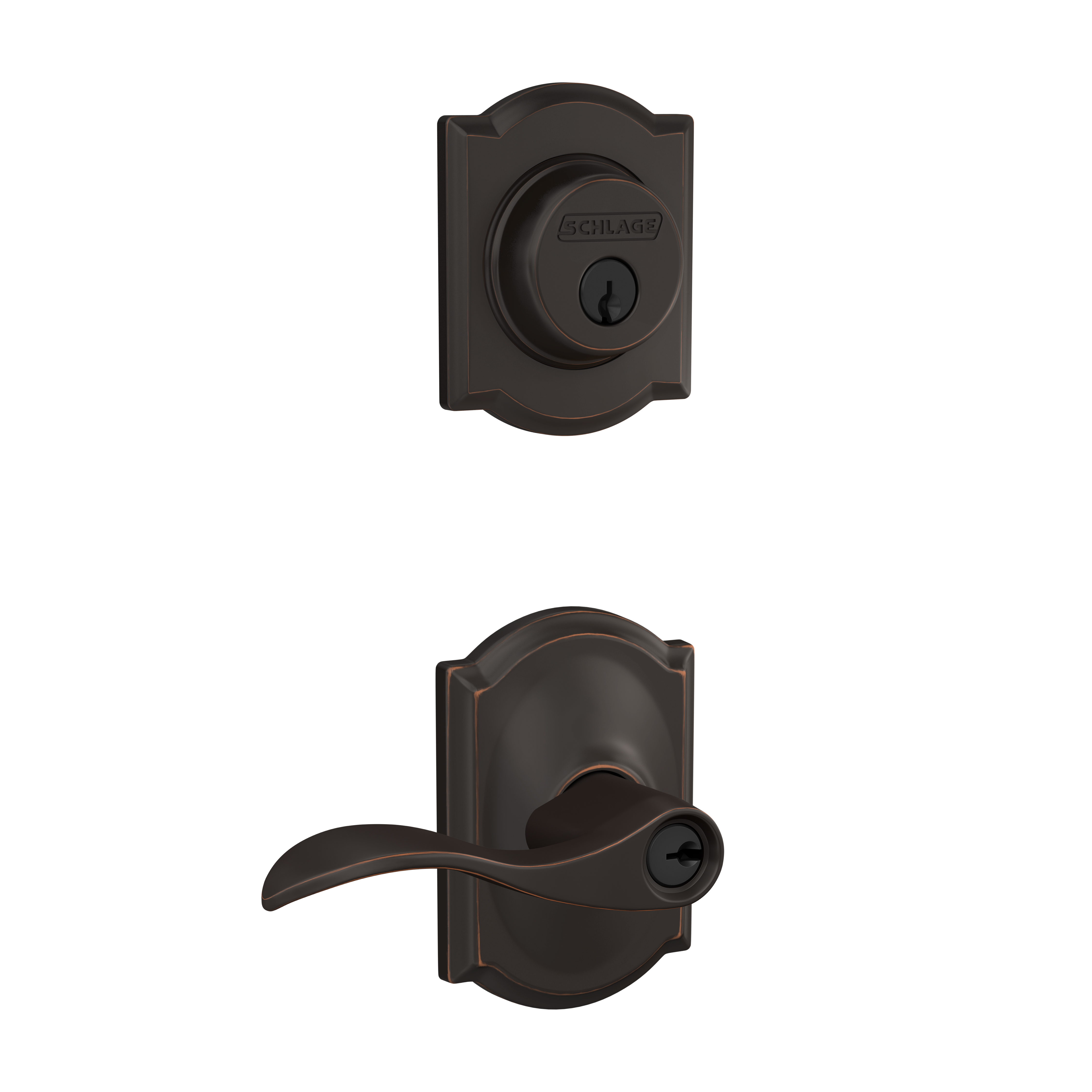 Single Cylinder Deadbolt and Accent Lever Keyed Entry Lock with Camelot Trim