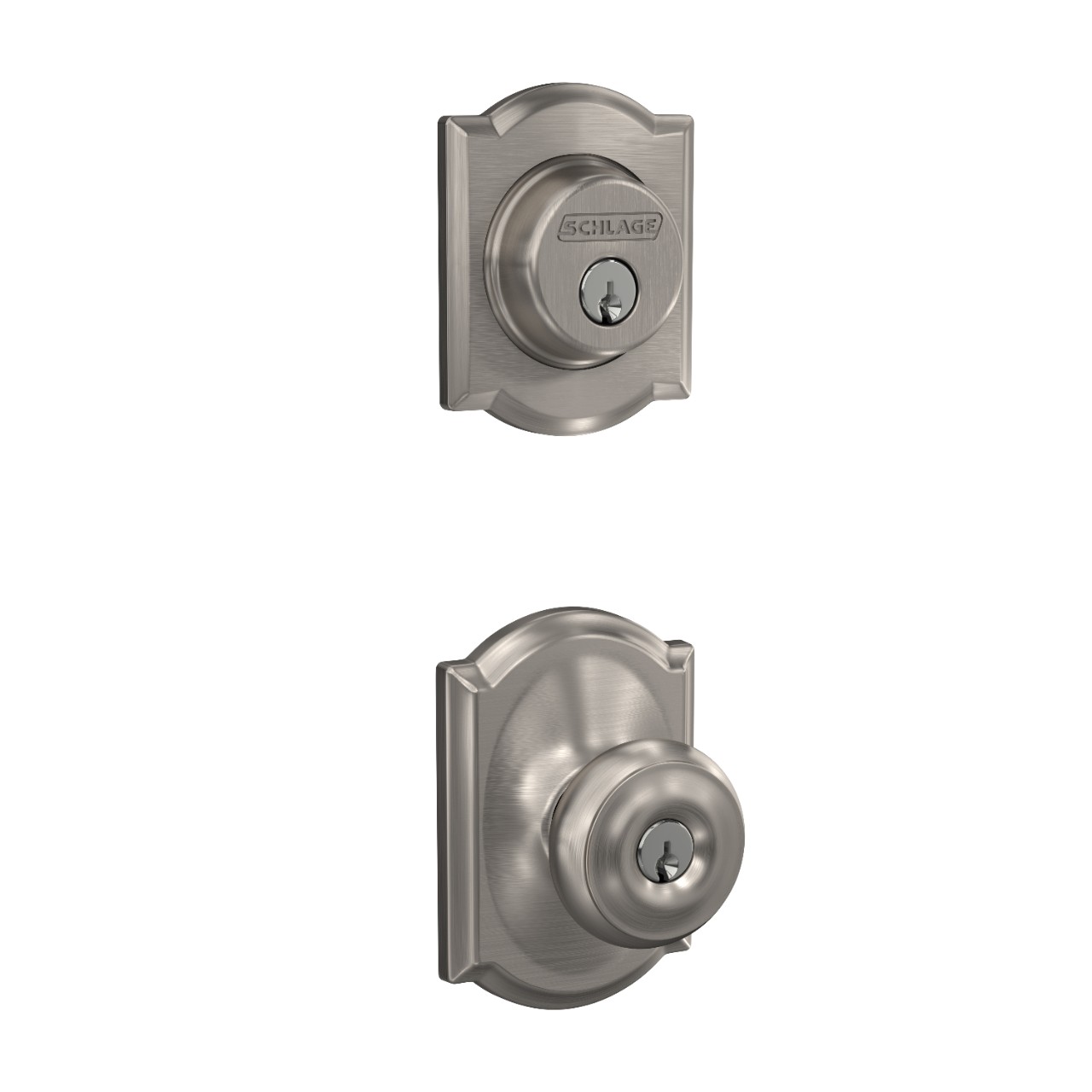 Single Cylinder Deadbolt and Georgian Knob Keyed Entry Lock with Camelot Trim