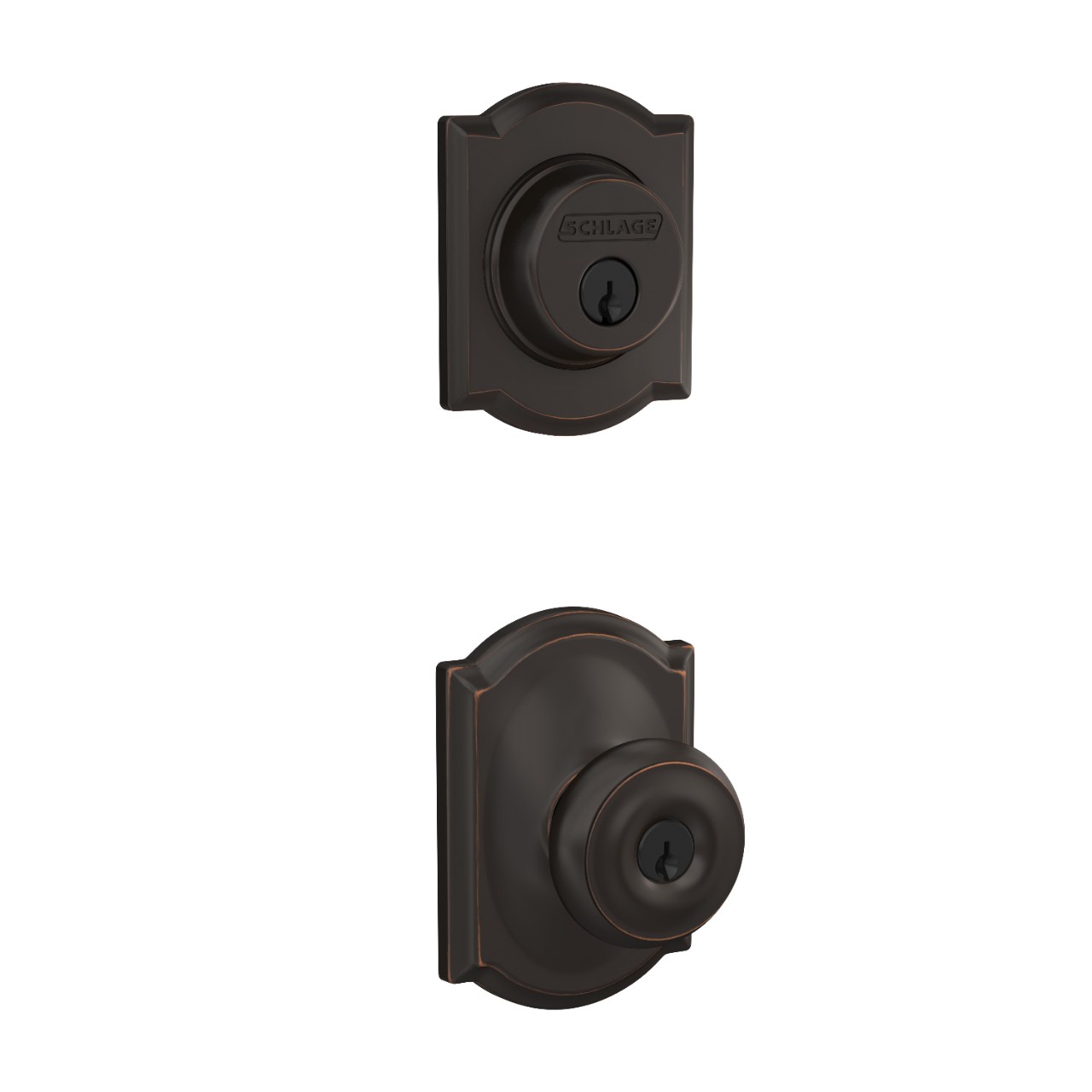 Single Cylinder Deadbolt and Georgian Knob Keyed Entry Lock with Camelot Trim