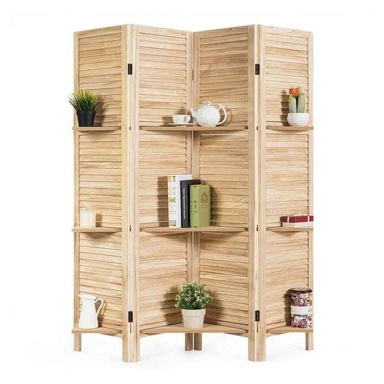 Privacy screen with shelves for decor.
