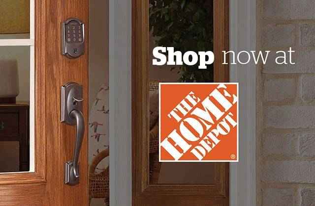 Schlage Encode WiFi smart lock on front door with Available at The Home Depot logo.