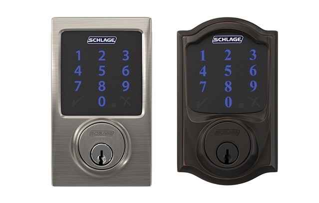 Schlage Connect smart deadbolts in satin nickel and aged bronze.