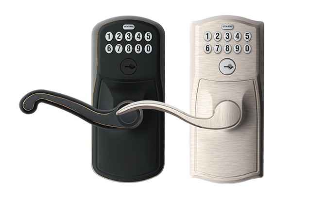 Schlage Keypad Levers in Aged Bronze and Satin Nickel finishes