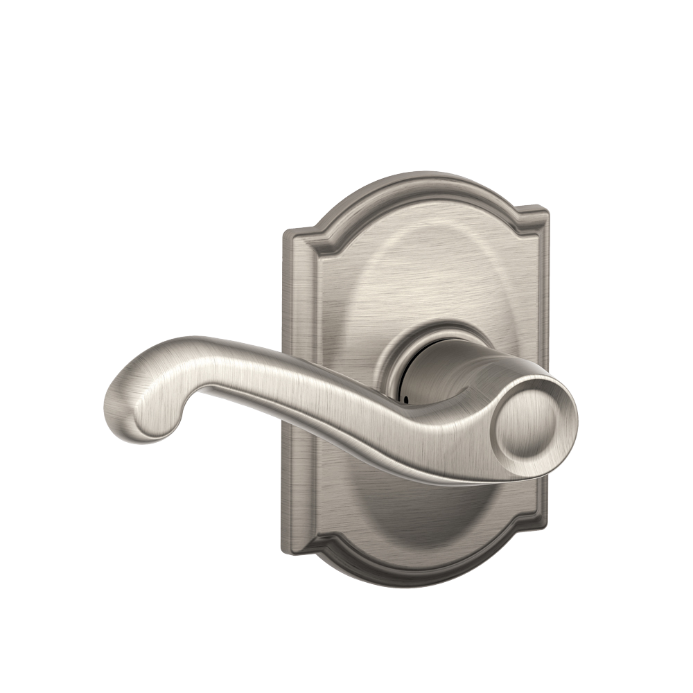 Flair lever with Camelot trim in Satin nickel