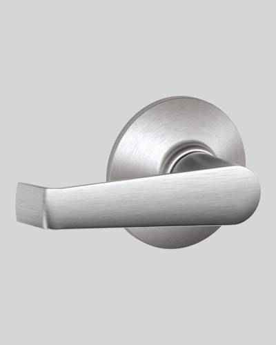 Schlage commercial lever in satin stainless finish.