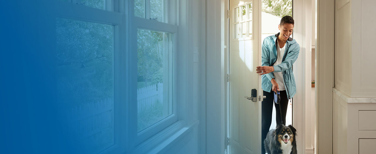 Smart lock with lever on the front door for convenient key free entry.