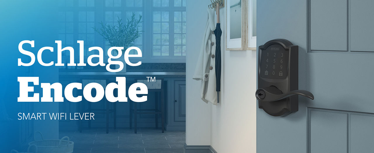 Matte Black Schlage Encode Smart Lever installed on open door revealing interior of a home with a product name logo overlayed
